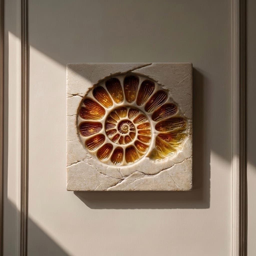Amber resin ammonite wall sculpture displayed in a sunlit interior
